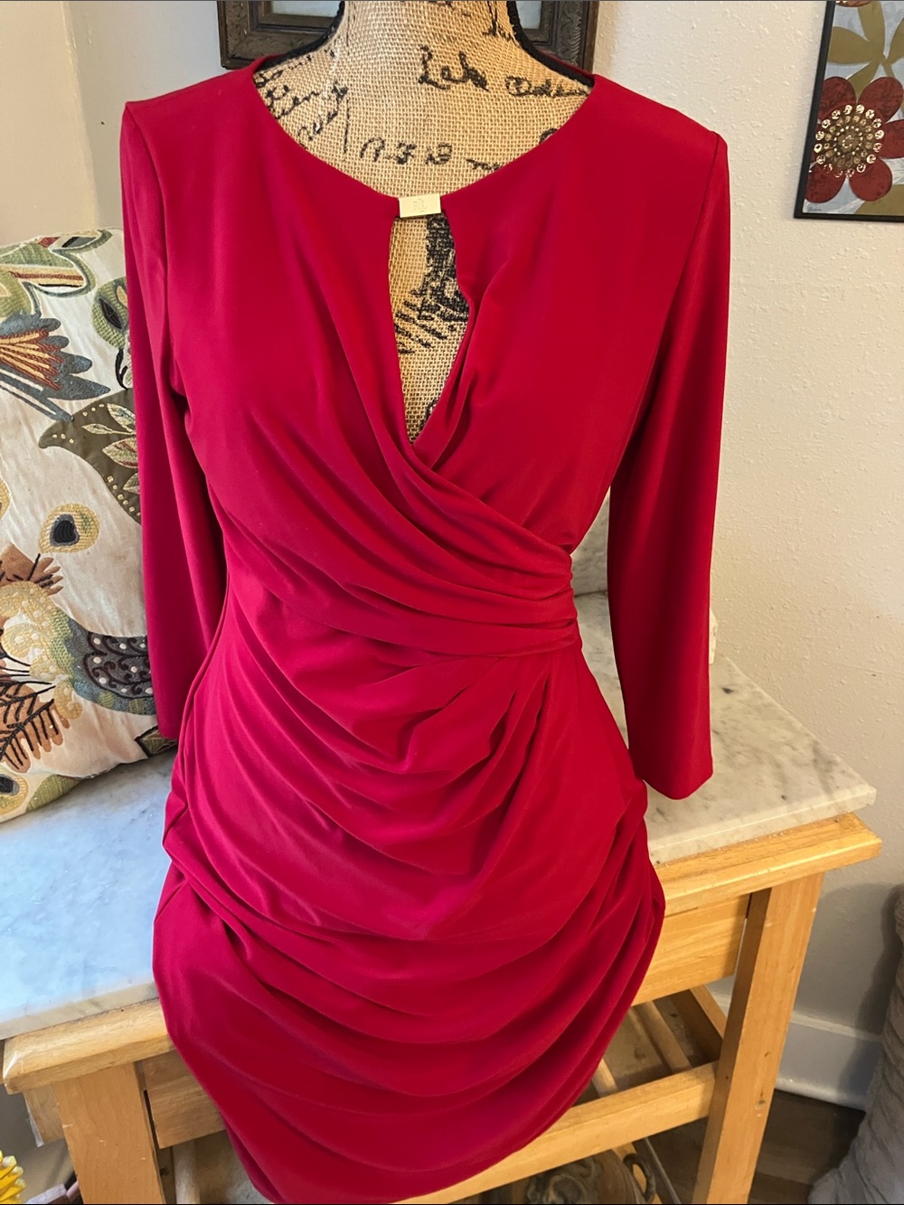 Ralph Lauren Black Label Red Ruched Long-Sleeve Dress Keyhole Neck Draped Sexy 8